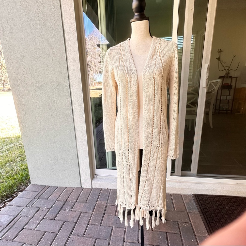 Chico's Cream Knit Duster Cardigan with Fringe